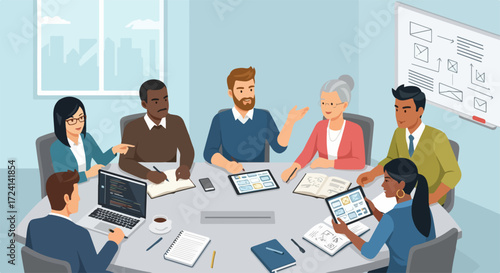 Professional business meeting with diverse colleagues collaborating at conference table. Productive business meeting involves active participation, discussing ideas, using technology.