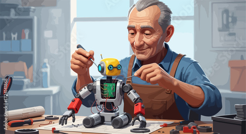 Elderly man focused on robot building, meticulously connecting humanoid components on workshop desk. Detailed robot construction with visible circuits and tools demonstrates intricate robot building.