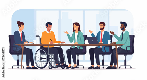 Diverse team conducting inclusive meeting around conference table. Professionals engaged in inclusive meeting discussing project ideas. Concept for inclusive meeting, promoting equity,