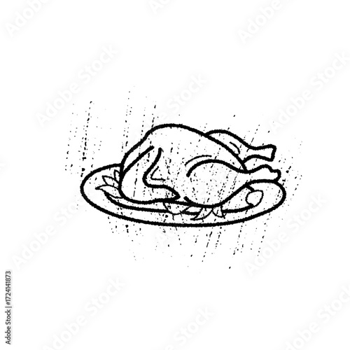 A golden roasted chicken rests on a decorative platter, surrounded by fresh herbs at a lively gathering. The focus is on the meal, inviting hunger and joy at the celebration.