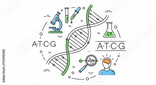 Scientific research illustration depicting genetic code, with dna structure, laboratory instruments like microscope, flask, and a brain under magnifying glass.