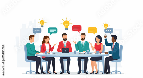 Creative meeting illustration featuring diverse professionals at boardroom table, brainstorming ideas with speech bubbles. Creative meeting to generate solutions and discuss business strategy.