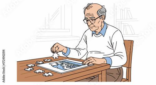 Solitary jigsaw puzzle completion by mature man at table, focusing intently on connecting last pieces. Jigsaw puzzle activity stimulates mind and reduces stress for gentleman.