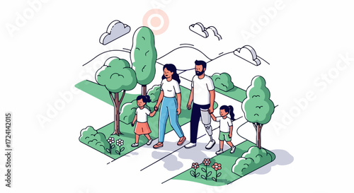 Happy family walk, enjoying beautiful day together in nature. Family walk in natural light showcases love and togetherness as they stroll through trees, shrubs, and flowers.