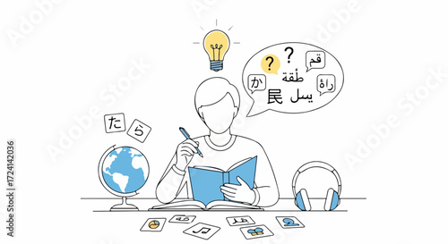 Illustration depicts language learning, student with book and world globe at desk. Language learning illustration shows a person studying various languages with question marks,