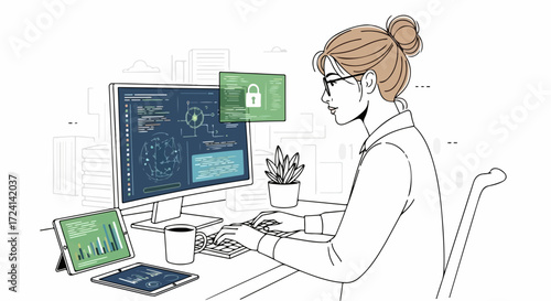 Woman working from home on computer with secure connection. Secure connection ensures data privacy for user's work at their desk, creating secure data environment, and allows access to tablet as well.