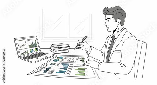 Business report with financial data and man analyzing business report at table. Planning business strategy includes various charts and diagrams. Use business report for data presentation,