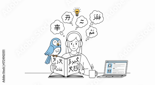 Woman learning languages at her desk with book and computer, she is learning languages and acquiring knowledge with assistance of bird mentor. Her learning languages experience is great,