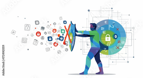 Shielding data from cyber threats shown with a person holding shield surrounded by icons. Cyber security involves safeguarding digital information and systems from theft, damage,