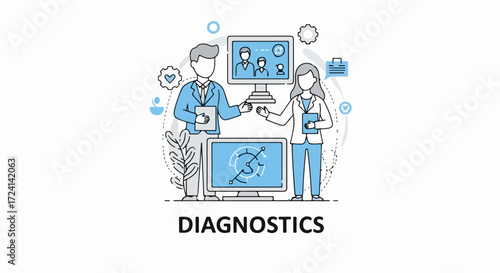 Concept Diagnostics illustrated by two people in lab coats near computer monitors. Diagnostics concept with people and computer screens,