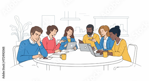 Business meeting around oval table with diverse team members, discussing projects. Business meeting involves several people around table, engaged in conversation using laptops and papers.