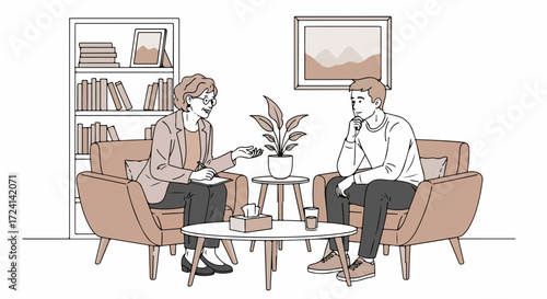 Mental health session with a doctor and patient in therapy setting, discussing sensitive issues. During mental health session, therapist provides support to distressed patient in comfortable clinic.