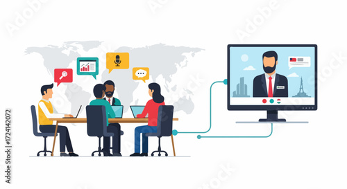 Business meeting in a video conference depicted with people at table and large screen showing professional. Business meeting participants share information and collaborate remotely.