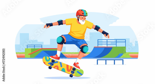 Skateboarder with helmet in skatepark doing trick, professional skater enjoying skatepark for exercise and hobby. Skateboarder with protective gear for doing stunts in city skatepark.