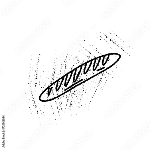 A detailed sketch captures a sliced baguette resting on a rough surface. The artwork features clear lines and shading, highlighting the bread's texture and shape, evoking a cozy kitchen atmosphere.