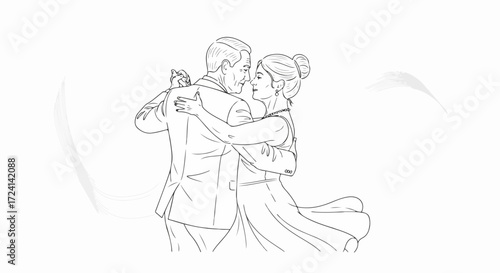 Ballroom dance performed by elegant couple in sketched drawing style. Ballroom dance shows elegance, intimacy, and artistry, their graceful poses and flowing attire capturing rhythm and connection,