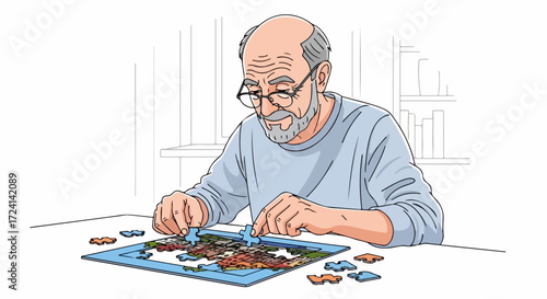 Senior man playing puzzle on table, completing jigsaw with concentration and enjoyment. Senior man finds relaxation in home activity with puzzle, focusing attention on finding matching pieces.