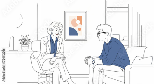 Mental health consultation with female doctor listening to patient, in neutral colored setting. Mental health session involves empathetic consultation and understanding.