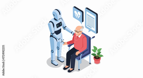 Robot assistance is shown as robotic caregiver supporting elderly man in wheelchair, providing care and companionship. Robot assistance features advanced AI in modern healthcare,
