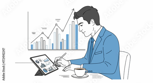 Financial data on tablet and business person in suit analyzing graphs on tablet. Financial data reveals key insights for growth and success, financial data enhances business development.