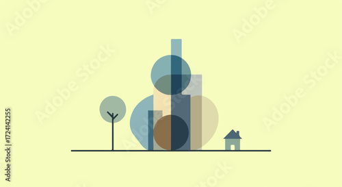 Abstract city skyline depicts geometric building with house and tree. Abstract city skyline design evokes urban landscape with colorful blocks and minimal shapes.