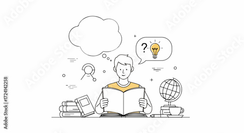Boy reading book. Boy is reading a book and getting inspired to learn and achieve, discovering new ideas and imagining scenarios with an open book.
