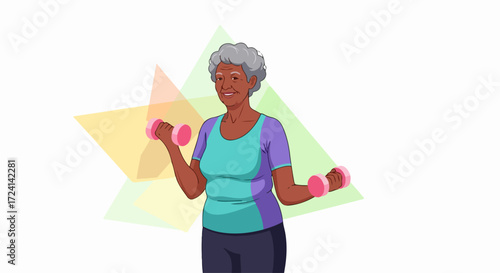 Senior woman exercising with weights, doing arm curls for strength and fitness. Senior woman with weights uses small dumbbells to stay fit and active.