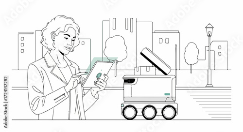 Smart delivery service featuring a woman using a tablet next to autonomous robot on street.