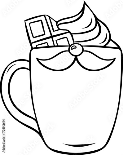 funny Christmas mug with Santa Claus moustache, cocoa with cream and chocolate, cozy Christmas drink, simple vector black and white icon, doodle and sketch style