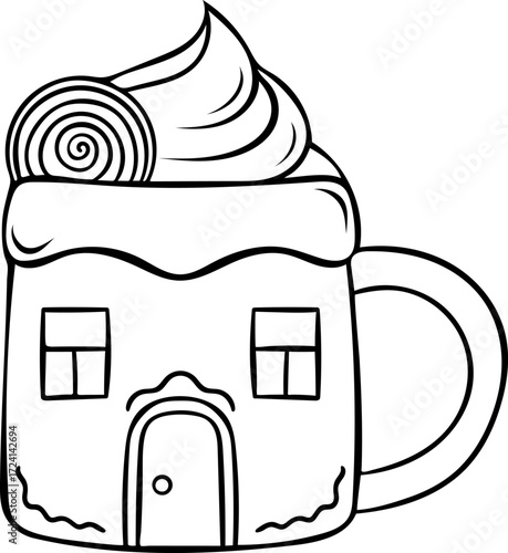 cute Christmas mug in the shape of a gingerbread house, cocoa with whipped cream and lollipop, cozy Christmas drink, simple vector black and white icon, doodle and sketch style