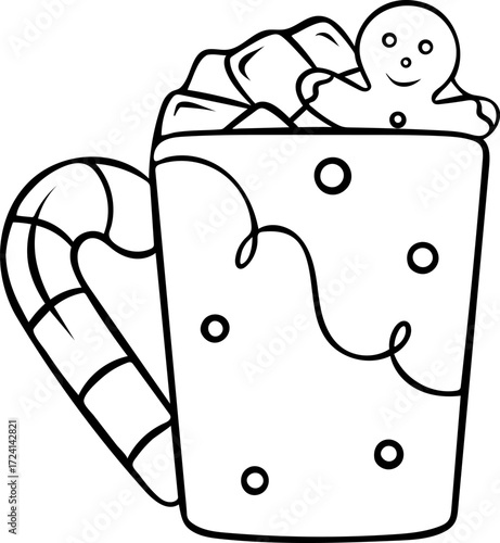 Christmas mug decorated with lollipop, cane and ornaments, hot chocolate with marshmallows and gingerbread, simple vector black and white icon, doodle and sketch style