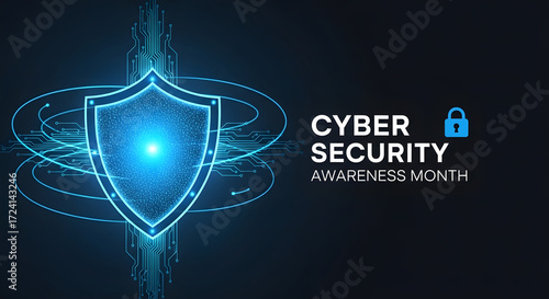 Cyber security awareness month with glowing shield and padlock for digital protection, online safety, and secure technology solutions for businesses worldwide
