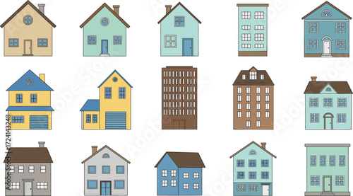Cartoon buildings and houses, apartment illustrations, colorful residential architecture, vector homes, urban design, real estate graphics