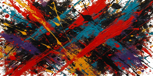 Grunge vintage abstract background with a fiery red and blue aged paint splatter pattern
