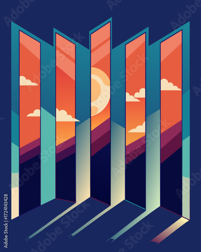 A series of mirrored panels arranged to reflect the sky and sun creating a constantly changing display of light and color.. Vector illustration