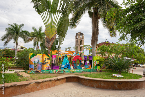 Melaque giant letters in the center of San Patricio Melaque, in Cihuatlan, Jalisco, Mexico, June 24, 2024.