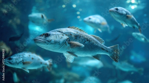 Underwater World - A School of Fish Swimming in the Ocean.
