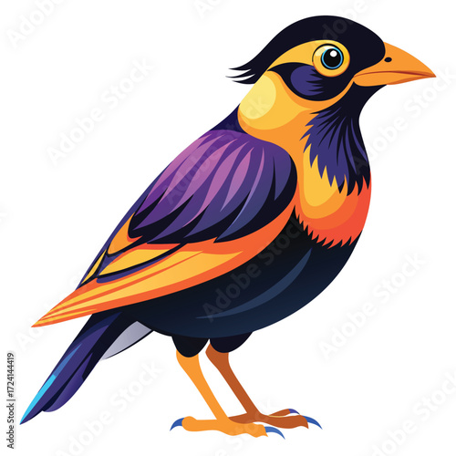Vibrant Geometric Myna Bird Vector Illustration for Exotic Wildlife, Bold Branding, and Dynamic Logo Design, Isolated on White Background.

