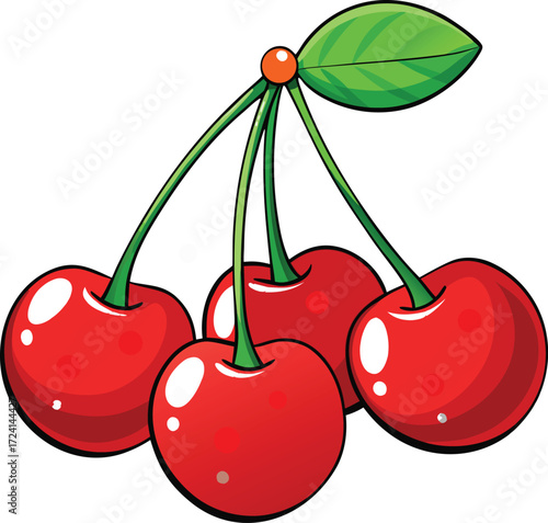 Three vibrant red cherries with green stems hanging on a clean white background perfect for food and beverage designs