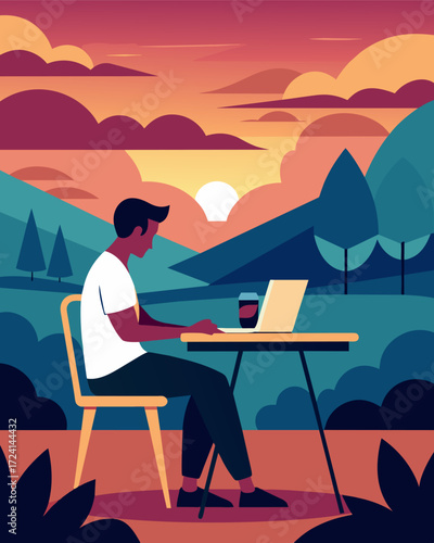 A remote worker typing away on their laptop while sitting at a picnic table enjoying a gorgeous sunset over a picturesque vineyard terrace.. Vector illustration