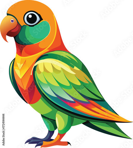 Vibrant Geometric Lovebird Parrot Vector Illustration for Tropical Pet Design, Exotic Wildlife, and Modern Logo, Isolated on White Background.

