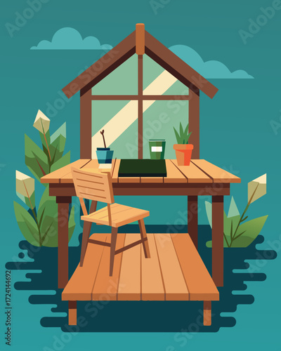 A rustic wooden deck with a desk set up giving a sense of being one with nature while still being productive.. Vector illustration