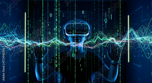 Immersive VR experience with vibrant digital data streams, perfect for tech innovation, futuristic designs, and cutting-edge virtual reality concepts