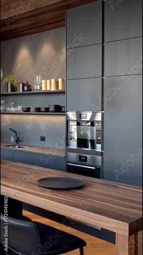 ContemModern kitchen design featuring dark cabinetry and wooden accents in a stylish urban apartment