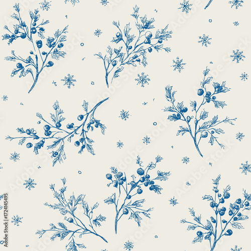 Vector Seamless Vintage Toile Christmas Pattern 8 with Holly Berry Branches. Editable vector seamless pattern in vintage toile engraving style. Hand-drawn holly berry branches with leaves and scattere