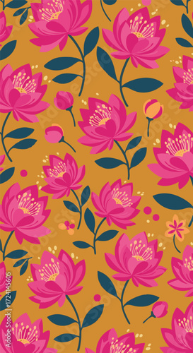 Vibrant floral pattern featuring pink peony blossoms on a golden mustard background