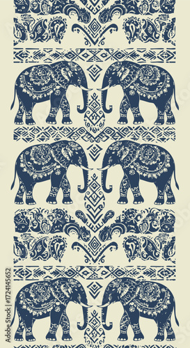 Ornate elephant pattern in indigo blue on cream background for textile design