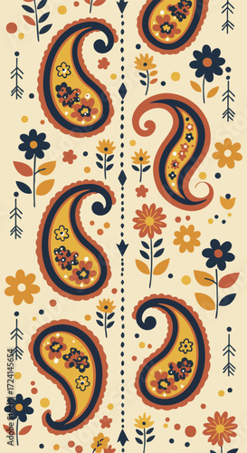 Elegant paisley pattern design with floral accents on a light beige background