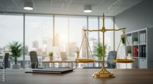 Wallpaper Mural Scales of justice on a desk in an office with city view. Torontodigital.ca