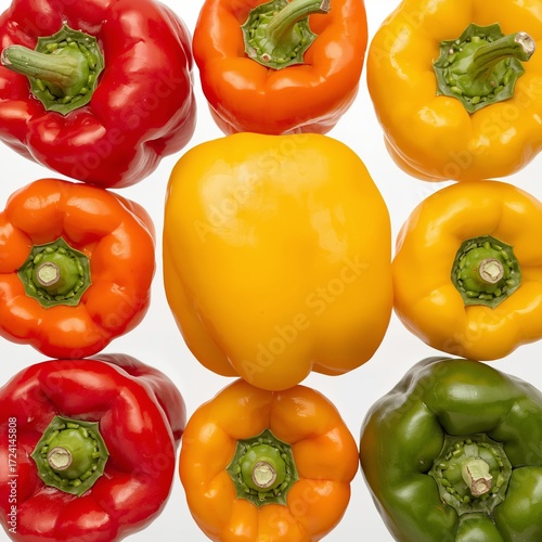 A set of vibrant colored bell peppers including red, orange, yellow, and green, isolated